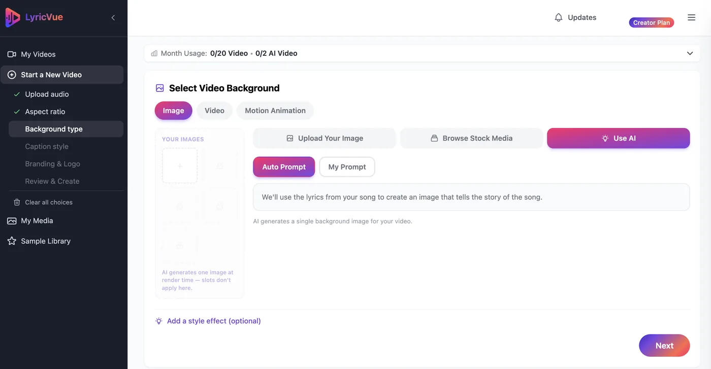 LyricVue Background step with Use AI and Auto Prompt selected