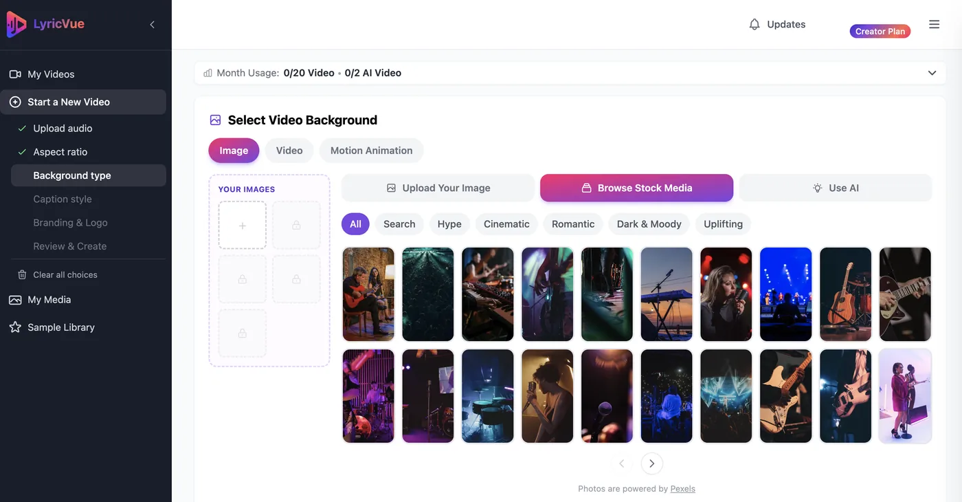 LyricVue Background step showing the Browse Stock Media library with category pills and a grid of images