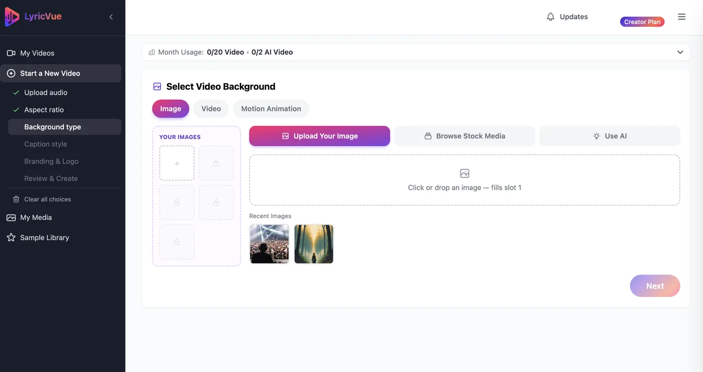 LyricVue Background step with the Image tab and the Upload Your Image option selected