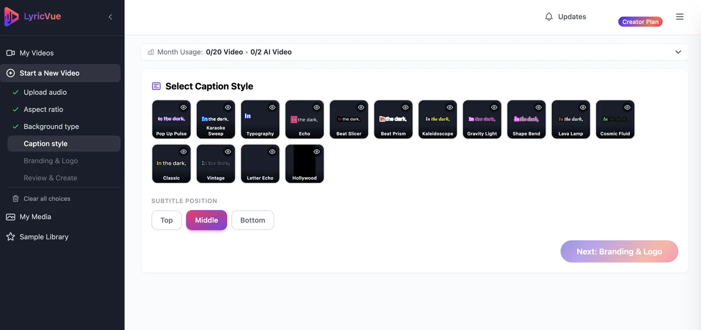 LyricVue Select Caption Style step with a grid of caption styles and Top, Middle and Bottom position buttons