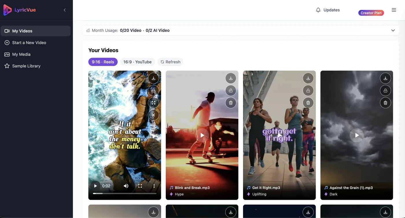 LyricVue My Videos page showing finished lyric videos with download buttons