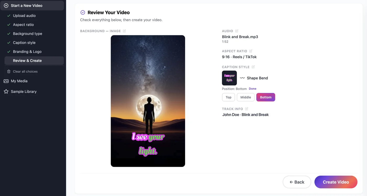 LyricVue Review Your Video step summarizing the audio, aspect ratio, caption style and background, with a Create Video button