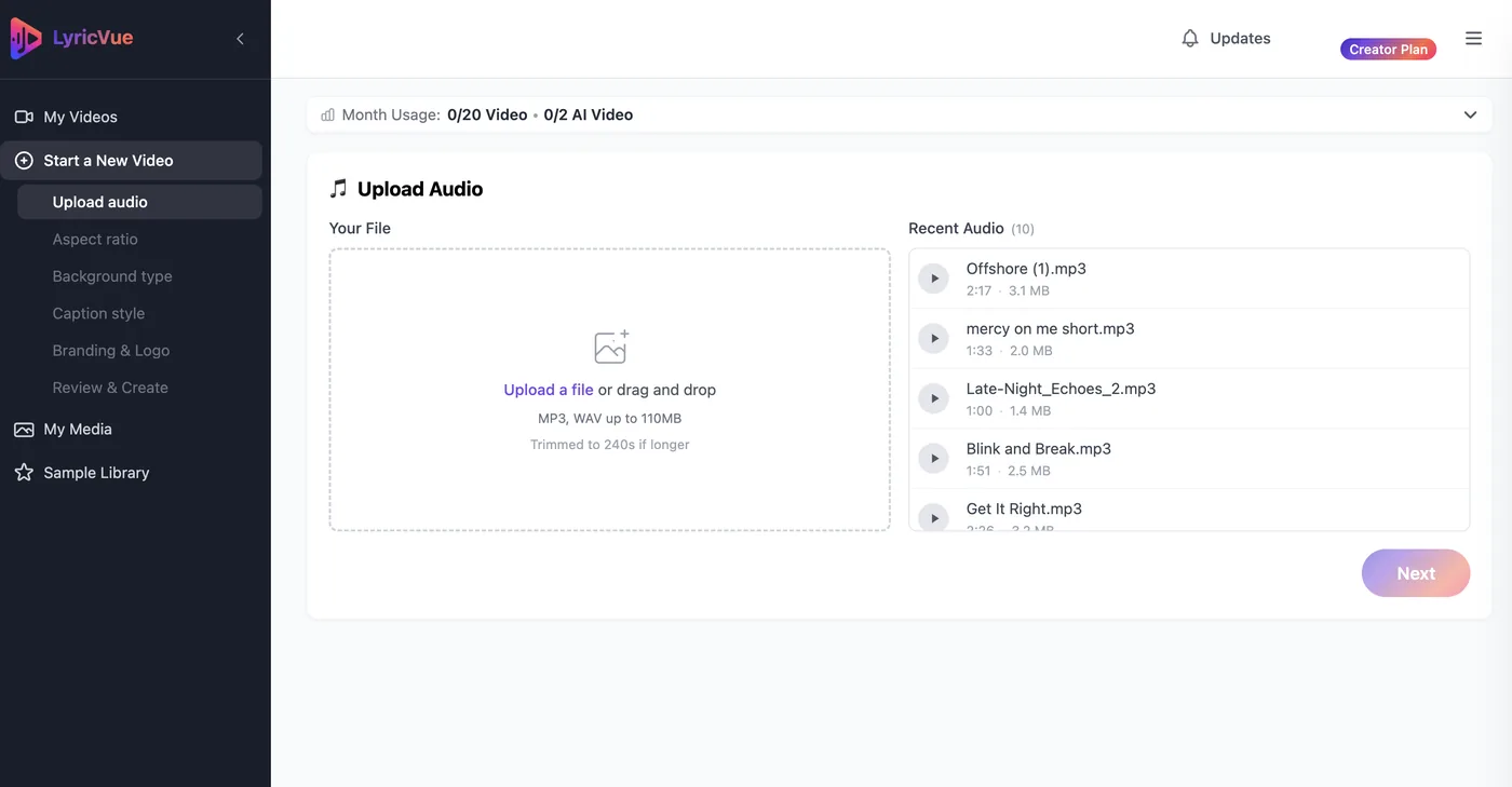 LyricVue Upload Audio step with a drag-and-drop box and a list of recent audio files